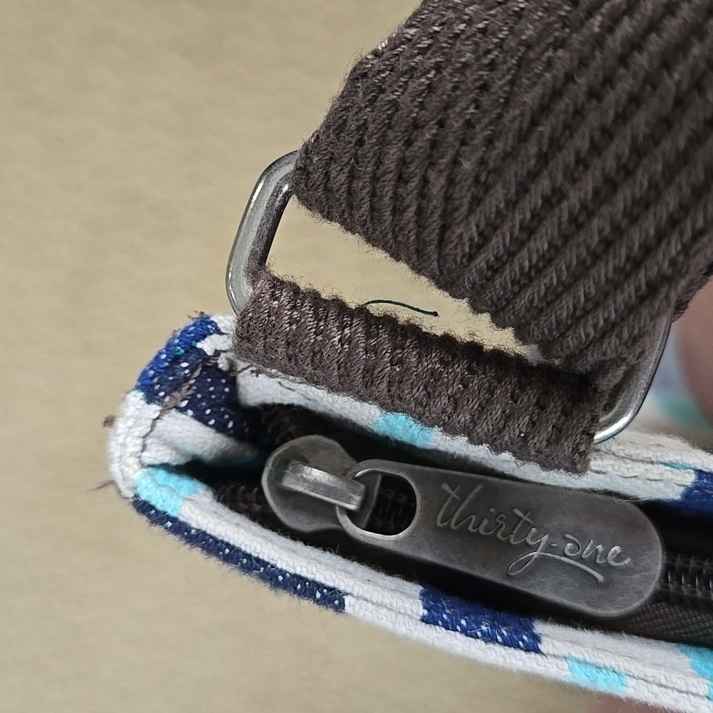 Thirty One Organizing Crossbody Tote In Blue Twill Stripe Adjustable And Pockets - Picture 11 of 17